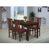Jídelní set pro 4 osoby se stolem 120x90 cm a židlemi v dekoru ořech, židle bordó