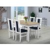 Jídelní set pro 4 osoby se stolem 140x90 cm a židlemi v dekoru bílá, deska dub sonoma, židle tm. modrá
