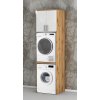Vysoká koupelnová skříňka na pračku a sušičku K48 v dekoru dub wotan s bílými dveřmi v lesku