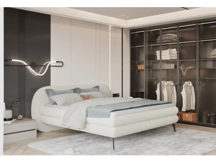 Boxspring postel RAIN v moderním interiéru ložnice, celkový pohled z mírného úhlu, krémově bílé čalounění