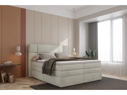 Boxspring postel SNUGGLE v interiéru ložnice, celkový pohled z mírného úhlu, světle béžové čalounění
