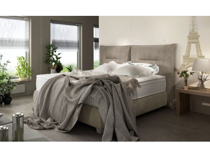 Postel DAVID v interiéru ložnice, celkový pohled z mírného úhlu, světle béžové čalounění, volně uložená matrace