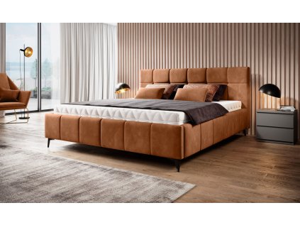 Postel DONALD v interiéru ložnice, celkový pohled z mírného úhlu, hnědé čalounění, černé nohy