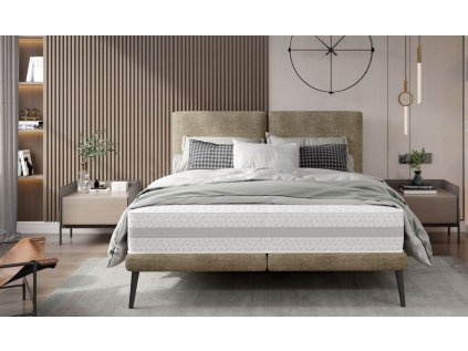 Postel KEVIN v interiéru ložnice, celkový pohled zepředu, světle béžové čalounění, černé nohy