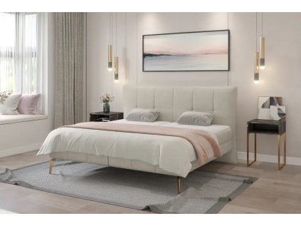 Postel STAR v interiéru ložnice, celkový pohled z mírného úhlu, světle krémové čalounění, čalouněný rám