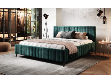 Postel THOMAS v interiéru ložnice, celkový pohled z mírného úhlu, tmavě zelené čalounění, černé nohy