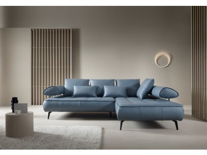 Sedací souprava AKIRA L v interiéru, pravá kůže, modrošedá barva, pohled zepředu s opěrnými polštáři