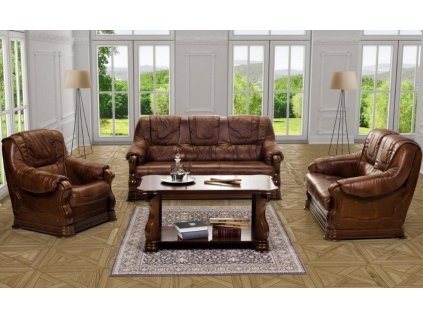 Sedací souprava COSTA v interiéru, hnědá kožená třímístná pohovka a dvě křesla, celkový pohled v obývacím prostoru