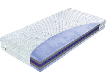 Matrace Luxury Dream, celkový šikmý pohled na bílém pozadí s viditelnou modrou boční částí.