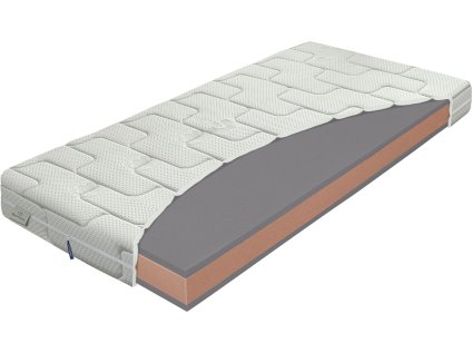 Matrace PRIMÁTOR T3 – matrace s odkrytým řezem, viditelné vrstvy pěny a hnědé jádro, pohled shora v perspektivě.