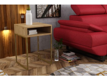 Noční stolek MILANO v interiéru u sedačky, kovový rám a laminovaný vrch