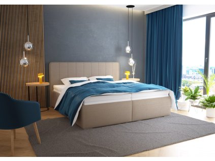 Čalouněná postel AUGUST Blanář béžová, pohled v interiéru ložnice s osvětlením a viditelným čelem postele.