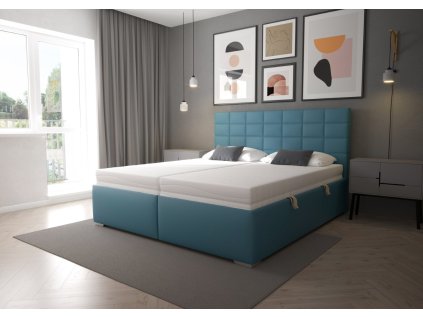 Čalouněná postel BORA Blanář, pohled v moderním interiéru se dvěma barevnými tóny postele a dekoracemi na stěně.