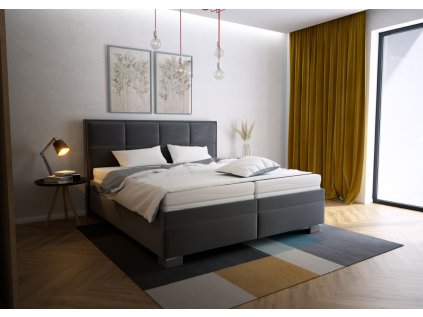 Čalouněná postel ELA Blanář, pohled v interiéru ložnice s osvětlením a dekorem u postele.