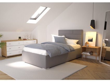 Čalouněná postel TROJA v ložnici, světle modré čelo a rám, pohled v interiéru u okna.