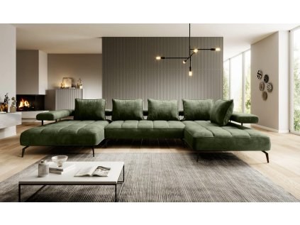 Zelená sedací souprava Ambra XL ve tvaru U v moderním interiéru obývacího pokoje, celkový pohled