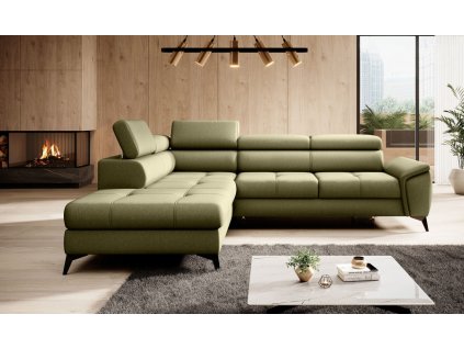 Zelená sedací souprava ARAMIS ve tvaru L v moderním interiéru obývacího pokoje, celkový pohled