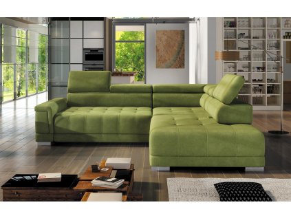 Zelená rohová sedací souprava ARKO L v moderním interiéru obývacího pokoje, celkový pohled