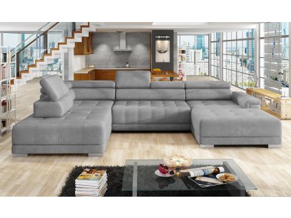 Šedá sedací souprava ARKO XL v prostorném obývacím pokoji, celkový pohled