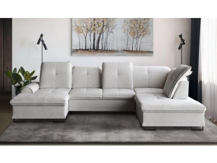 U sedací souprava BOSS v béžové látce v interiéru u stěny s obrazy, pohled zepředu.