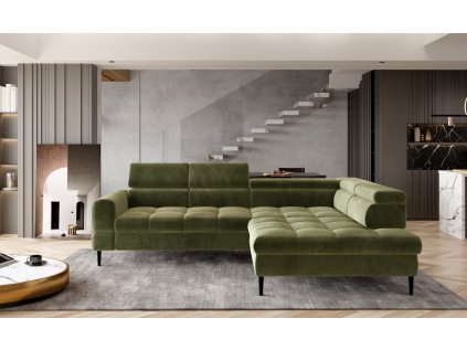 Zelená sedací souprava BREEZE L v prostorném obývacím pokoji, celkový pohled