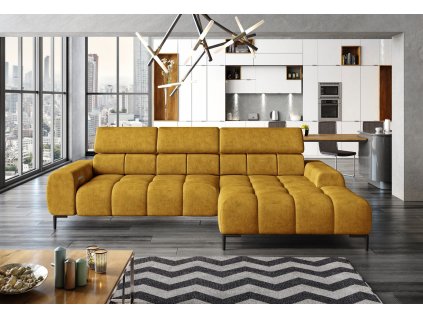 Hořčicová sedací souprava COTTA Mini ve stylovém interiéru obývacího pokoje, celkový pohled