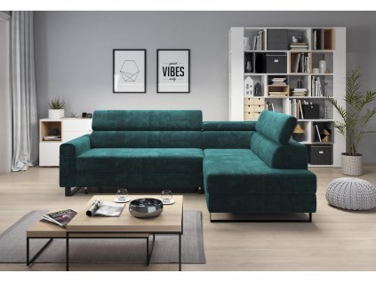 Tmavě zelená sedací souprava DAISY v interiéru obývacího pokoje s konferenčním stolkem, celkový pohled