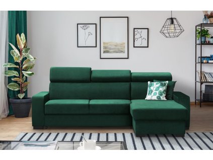 Rohová sedací souprava FOX v tmavě zelené látce v interiéru, pohled zepředu na sestavu s otomanem.