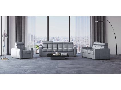 Sedací souprava GOMEZ v setu 3+2+1 ve světlém moderním interiéru, šedé čalounění, pohled zepředu.