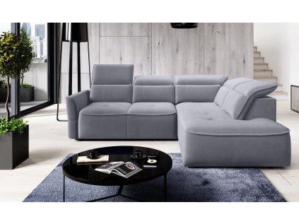 Šedá sedací souprava HARMONY L ve světlém interiéru obývacího pokoje, celkový pohled