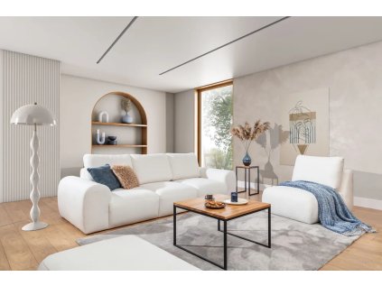 Pohovka LEO SOFA 3 (1BL + 1 + 1BP) v krémovém čalounění v interiéru, trojsed s volnými polštáři a taburetem, pohled z úhlu.