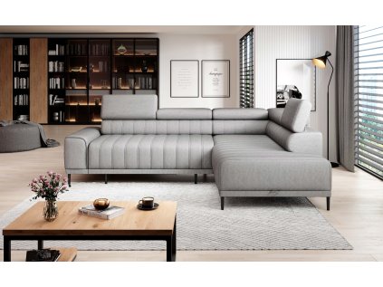 Šedá rohová sedací souprava LEON v obývacím pokoji, pohled zepředu