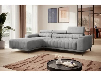 Šedá rohová sedací souprava LEON mini v obývacím pokoji, pohled zepředu