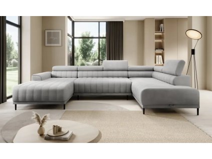 Šedá sedací souprava LEON XL do tvaru U v obývacím pokoji, celkový pohled