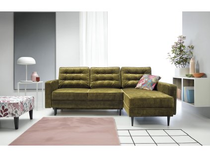Rohová sedací souprava ONEX roh v interiéru, zelené čalounění s prošívanou opěrkou a taburetem, pohled zepředu.