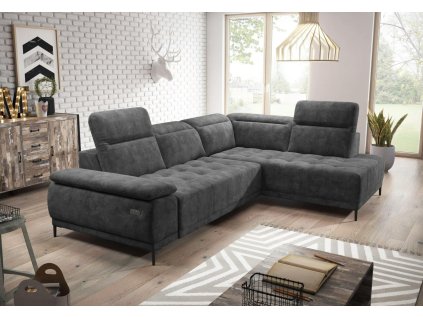 Rohová sedací souprava ORCO L v tmavě šedé barvě, umístěná v moderním obývacím pokoji, celkový pohled