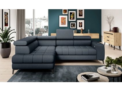 Rohová sedací souprava ROBERTO v tmavě modré barvě, umístěná v moderním obývacím pokoji, celkový pohled zepředu