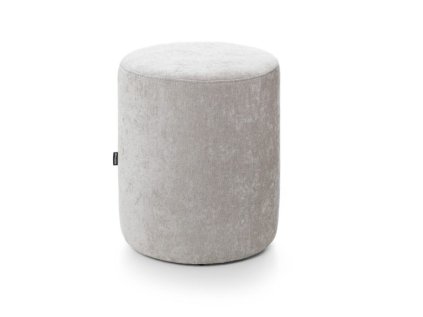 Taburet Roll 55 ve světle šedé barvě na bílém pozadí, čelní pohled na vyšší válcový čalouněný taburet s jemnou strukturou.