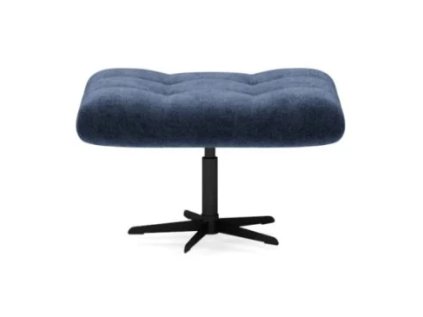 Taburet ANDREA v tmavě modrém potahu, pohled zepředu na bílém pozadí s černou kovovou centrální podnoží.