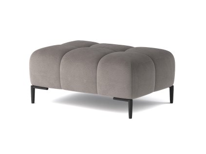 Taburet COTTA v šedém potahu, boční pohled na bílém pozadí s prošívanými segmenty a černými kovovými nožkami.