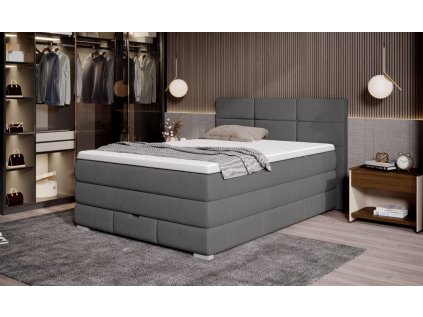 Boxspring postel BARBARA v moderní ložnici – šedé čalounění a čelo postele
