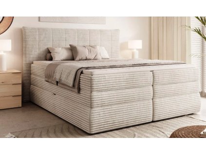 Boxspring postel BORA v ložnici – béžové čalounění a vysoké čelo postele