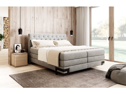 Boxspring postel DELTA v ložnici, světle šedá – celkový pohled