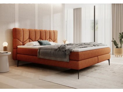 Boxspring postel FILDO v interiéru ložnice, celkový pohled z mírného úhlu, rezavě hnědé čalounění