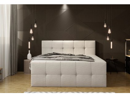 Boxspring postel HERA v interiéru ložnice, přímý pohled zepředu, světlé béžové čalounění, hluboké čelo