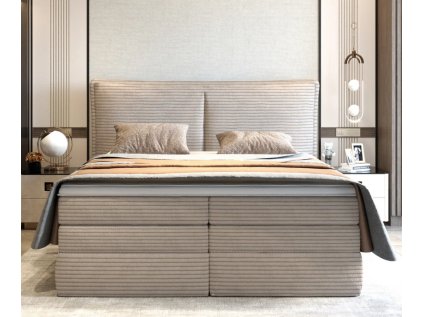Boxspring postel HERMES v interiéru ložnice, čelní pohled, béžové čalounění, kontinentální provedení