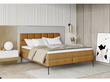 Boxspring postel LENDO v interiéru ložnice, celkový pohled z mírného úhlu, světle hnědé čalounění
