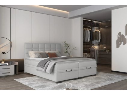 Boxspring postel LOFTY v moderním interiéru ložnice, celkový pohled z mírného úhlu, světle šedé čalounění