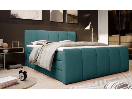 Boxspring postel MARY v interiéru ložnice, celkový pohled z mírného úhlu, tmavě tyrkysové čalounění