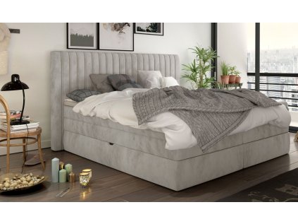 Boxspring postel MEDINA v interiéru ložnice, celkový pohled z mírného úhlu, světle šedé čalounění